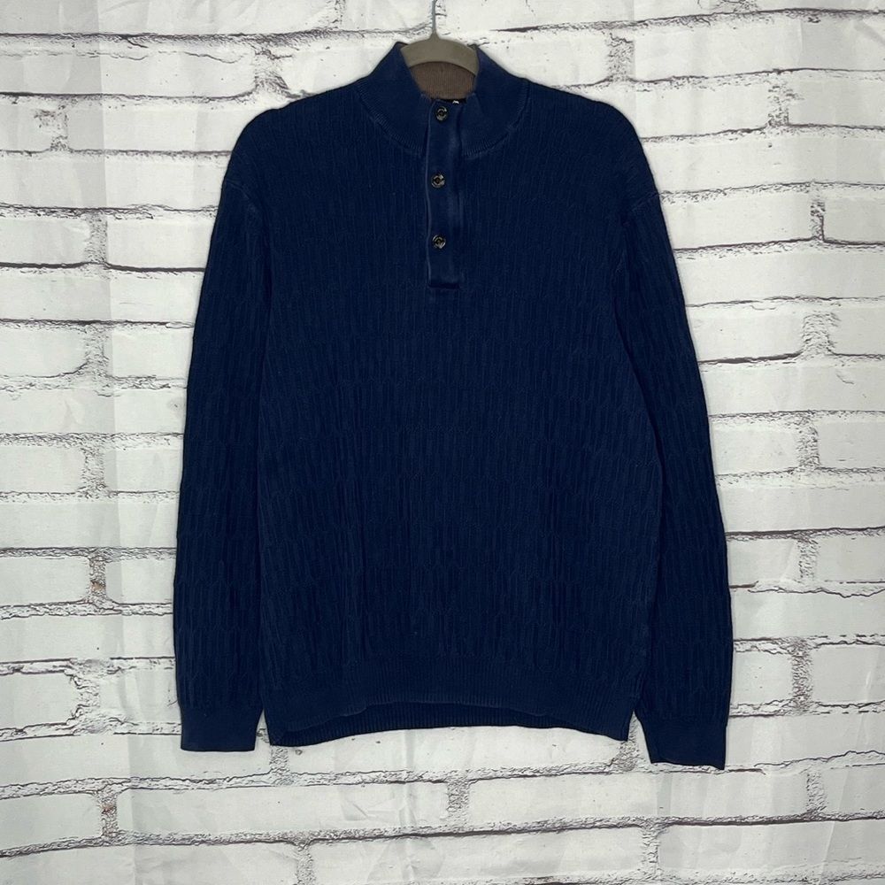 Tasso Elba Navy Knit Henley Sweater Cotton Ribbed Men’s Large Faux Suede Trim